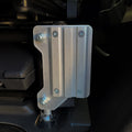 Ram ProMaster Lagun table mount bracket installed on factory seat base, passenger side/right side of vehicle, no-drill aluminum mount showing M10 bolt attachment points